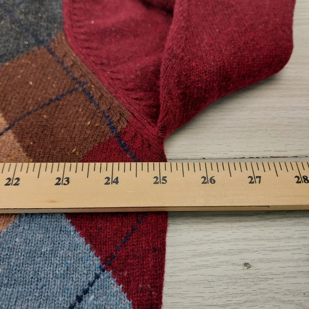 Jos. A. Bank Argyle Sweater Mens XL Burgundy Lambswool Blend V-Neck Executive